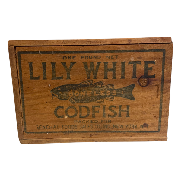 cod fish in wooden box Wooden Dovetail Lily White Codfish Box